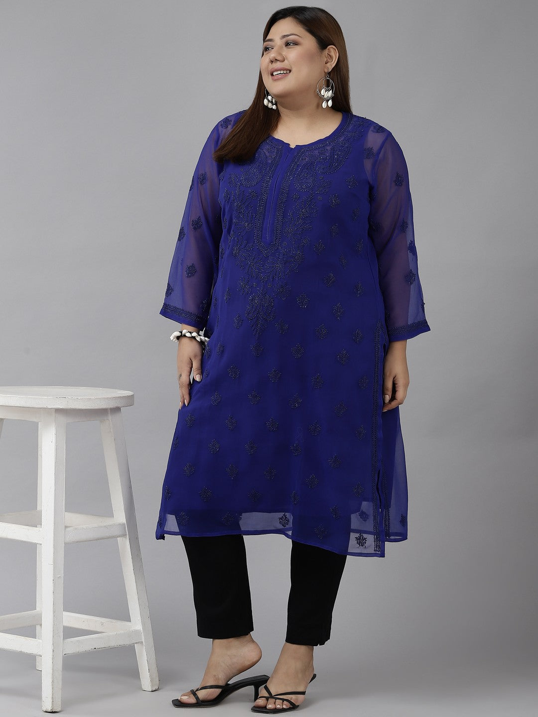 Ada Hand Embroidered Royal Blue Georgette Lucknow Chikan Kurta with Slip A229395