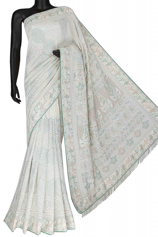 Ada Hand Embroidered Ivory Pure Georgette Lucknowi Chikankari Saree/Blouse With Muqaish Work -A56535