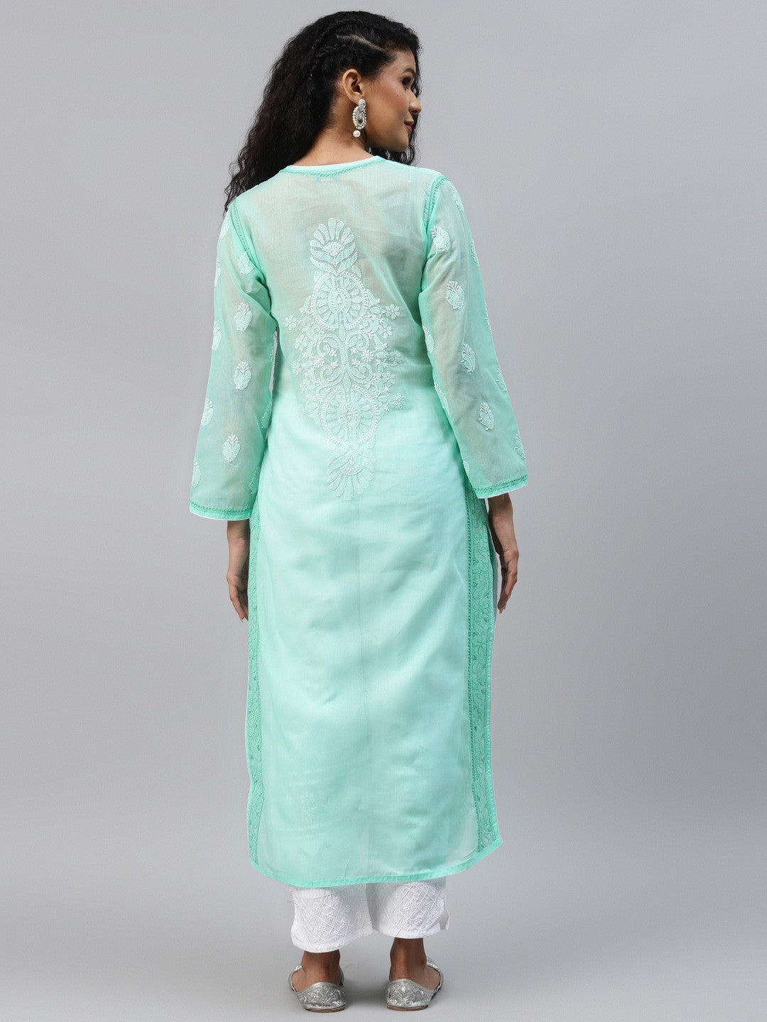 Ada Hand Embroidered Sea Green Cotton Lucknowi Chikankari Straight Kurta A254199