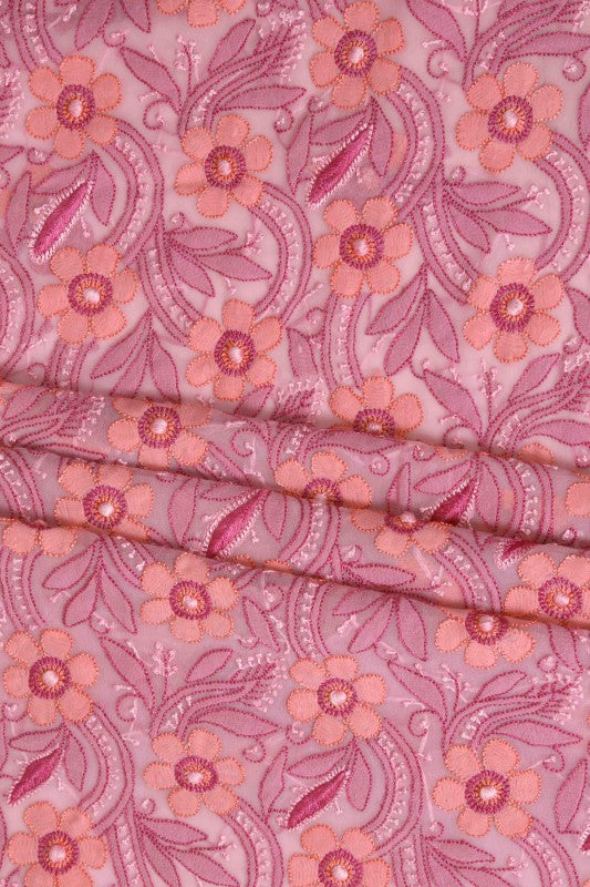 Ada Hand Embroidered Flamingo Pink Georgette Lucknowi Chikan Unstitched Suit Piece A630414