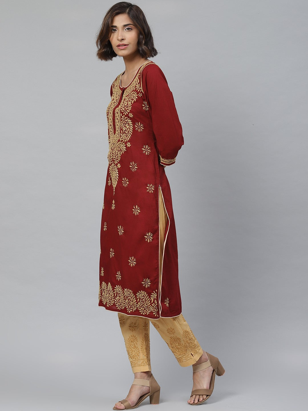 Ada Hand Embroidered Maroon Cotton Lucknowi Chikankari Kurta With Palazzo A811117