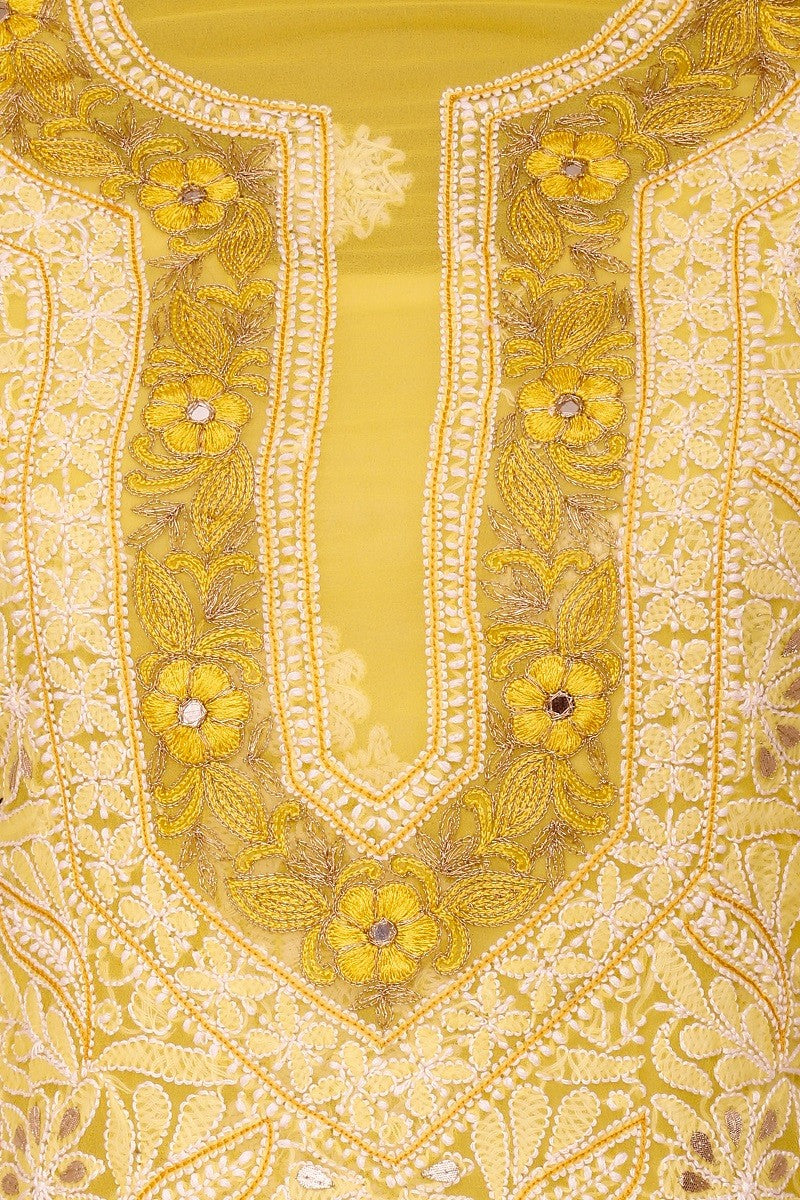 Ada Hand Embroidered Sunglow Yellow Georgette Lucknowi Chikan Unstitched Kurta Dupatta with Gota patti Work A576962