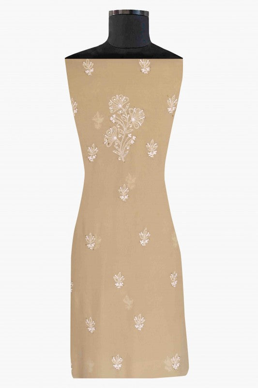 Ada Hand Embroidered Fawn Pure Georgette Lucknowi Chikan Unstitched Kurta Dupatta Set with Muqaish Work A595019