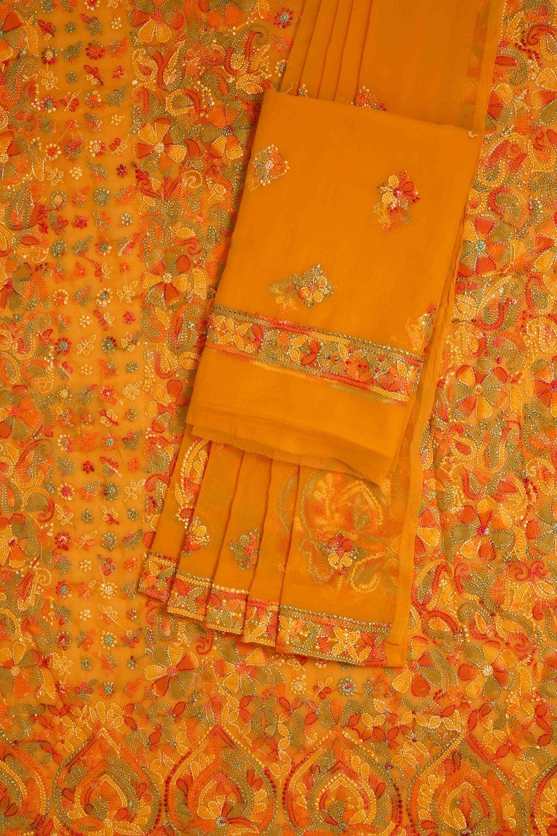 Ada Hand Embroidered Mustard Georgette Lucknowi Chikankari Unstitched Suit Piece A211172