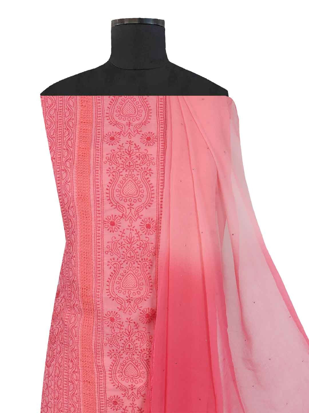 Ada Hand Embroidered Flamingo Pink Cotton Lucknowi Chikankari Unstitched Suit Piece 01A205558