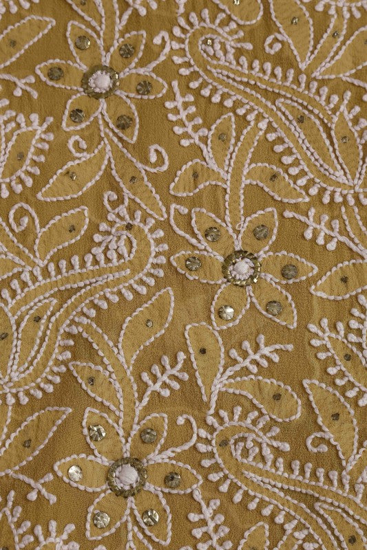 Ada Hand Embroidered Sepia Fawn Pure Georgette Lucknowi Chikan Unstitched Kurta Dupatta Set with Muqaish Work A230565