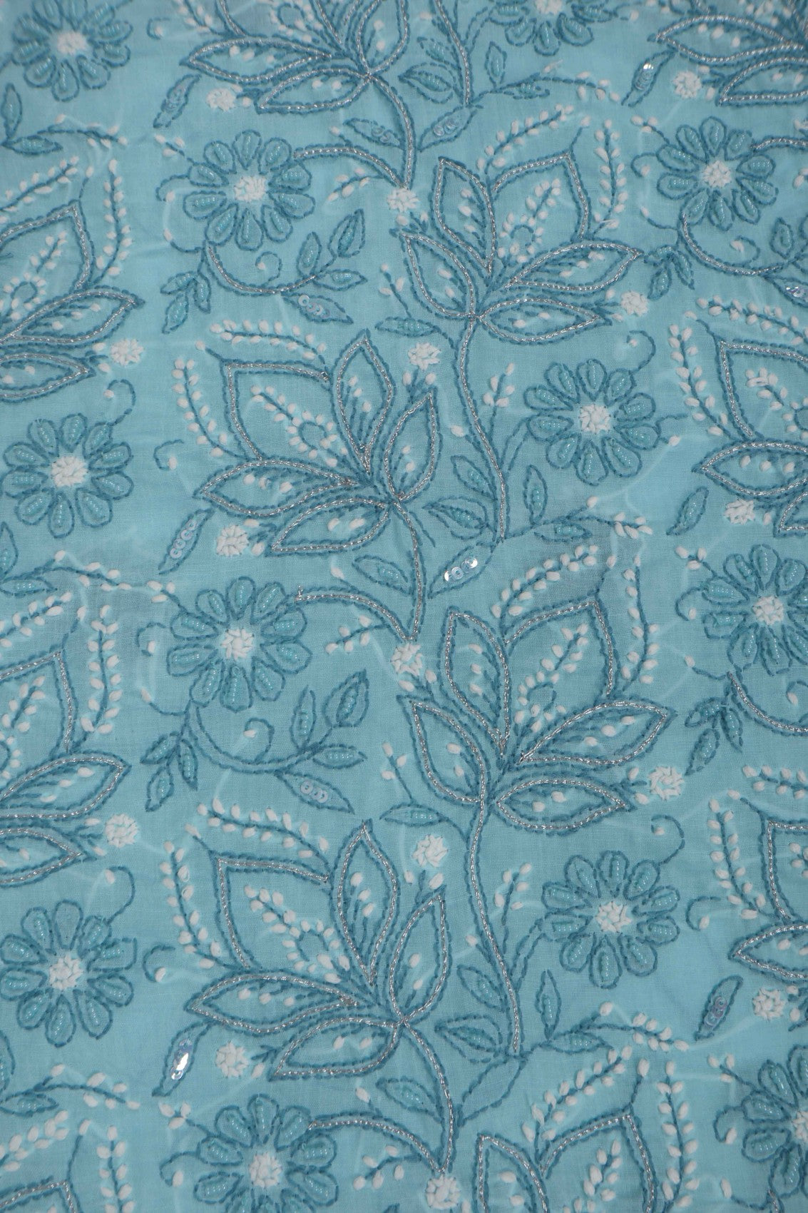 Ada Hand Embroidered Sky Blue Cotton Lucknowi Chikankari Unstitched Suit Piece With Pearl Work 01A271162