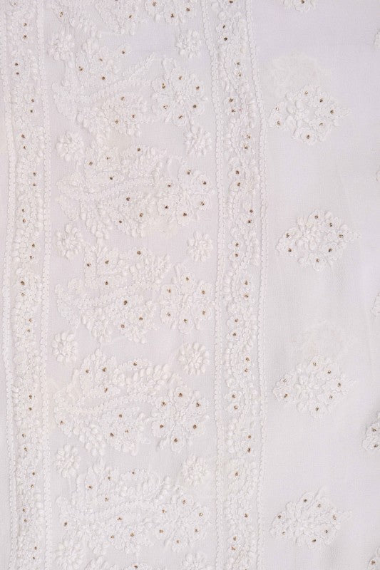 Ada Hand Embroidered White Georgette Lucknowi Chikan Unstitched Kurta Piece With Muqaish Work A576834