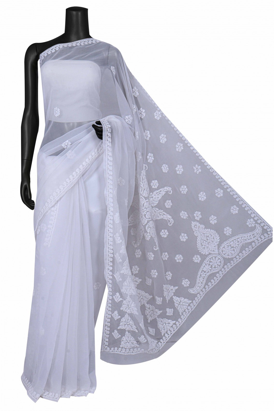 Ada Hand Embroidered White Georgette Lucknowi Chikankari Saree With Blouse A556967