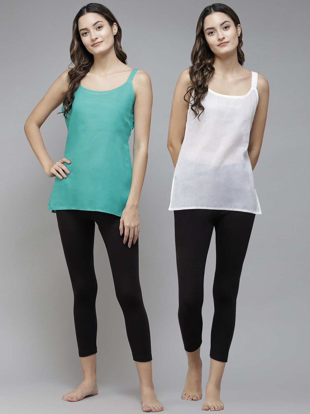 Ada White & Sea Green Cotton Short Slips Combo of 2 A111171.