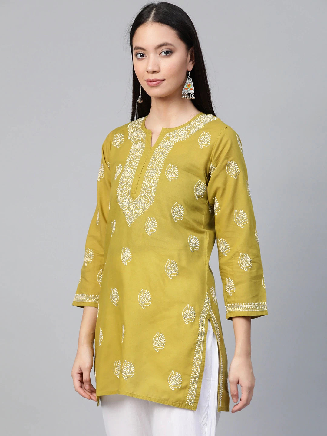 Ada Hand Embroidered Green Cotton Lucknowi Chikankari Short Kurti A210822