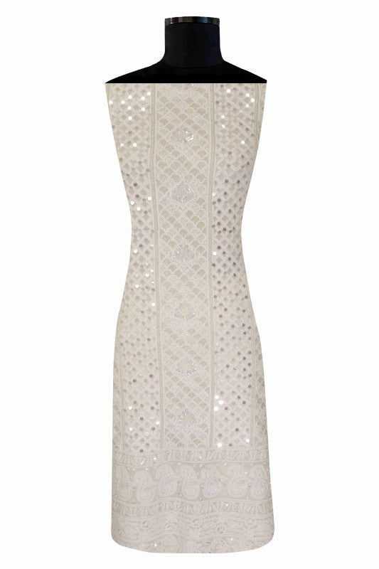 Ada Hand Embroidered White Pure Georgette Lucknowi Chikan Unstitched Kurta Dupatta Set With Pearl & Sequinned Work-01A59013