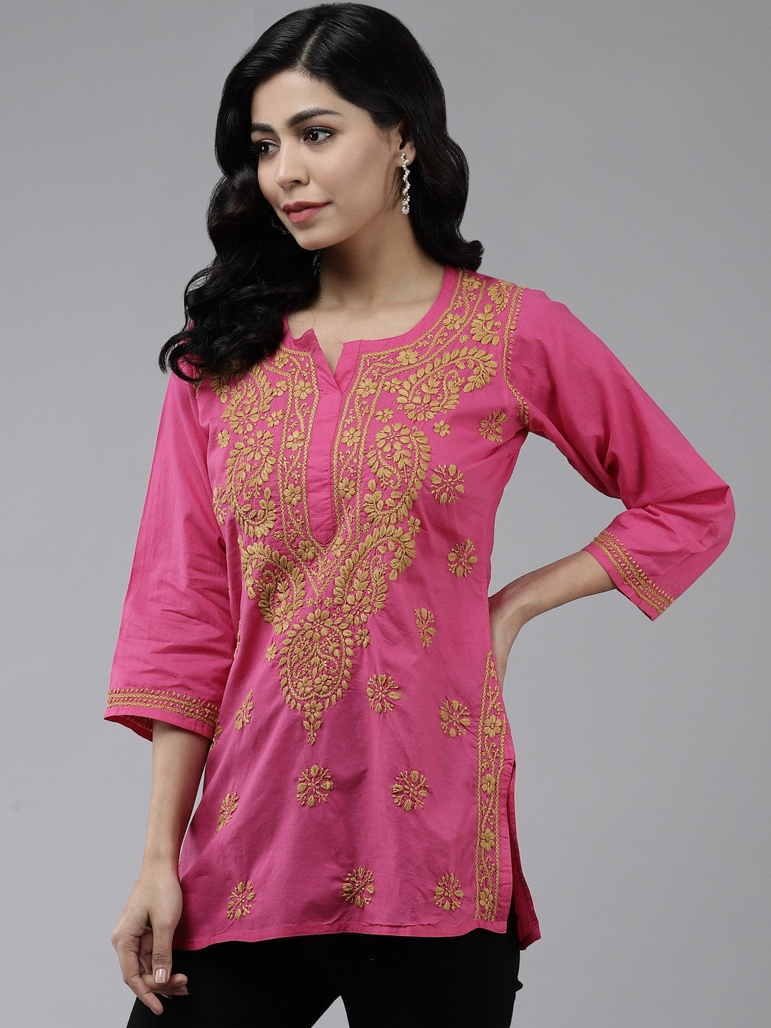 Ada Hand Embroidered Pink Cotton Lucknowi Chikankari Short Kurti  A911188