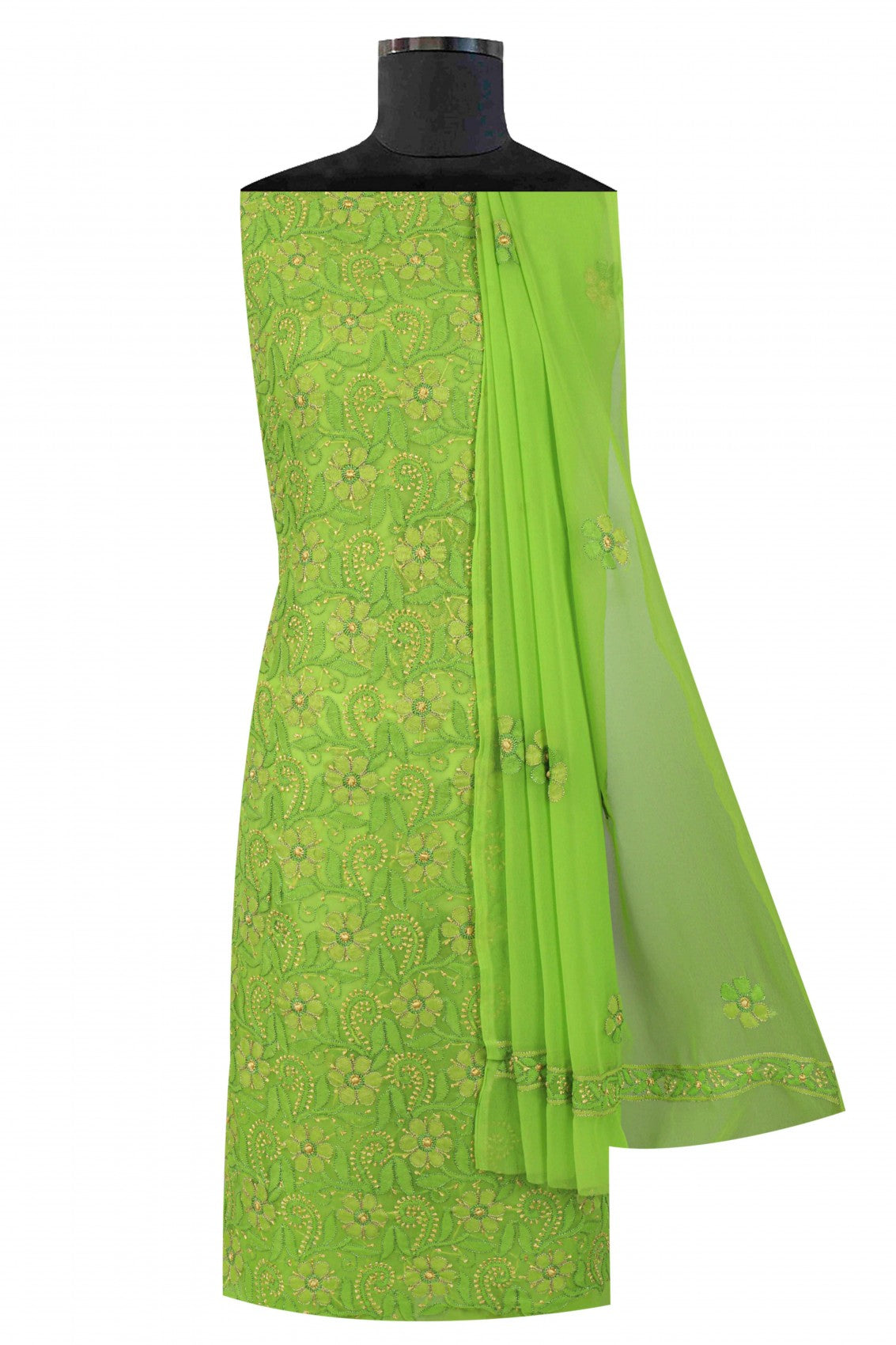 Ada Hand Embroidered Grass Green Georgette Lucknowi Chikankari Unstitched Suit Piece 01A126470