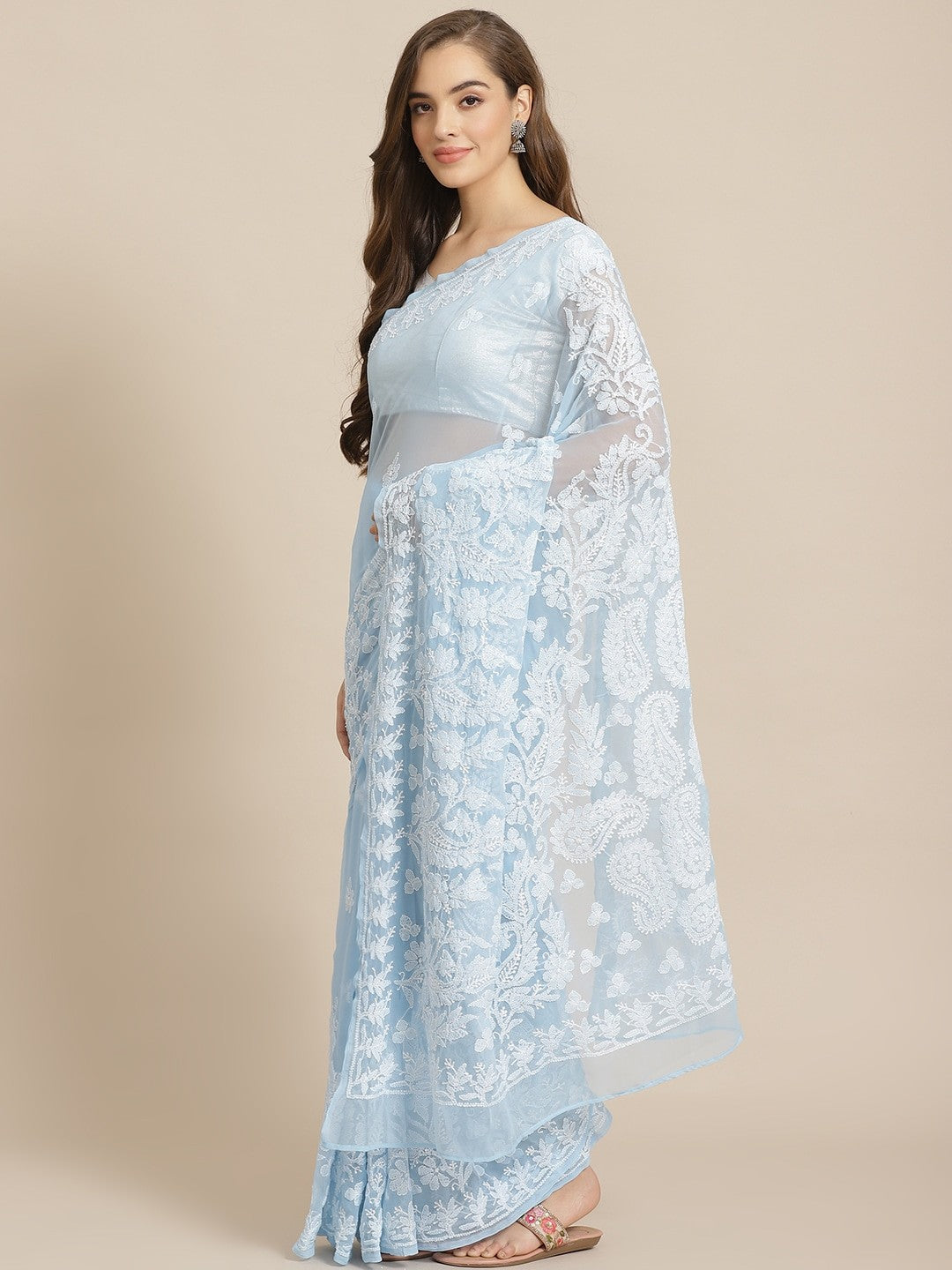 Ada Hand Embroidered Blue Georgette Lucknow Chikan Saree with Blouse A311265