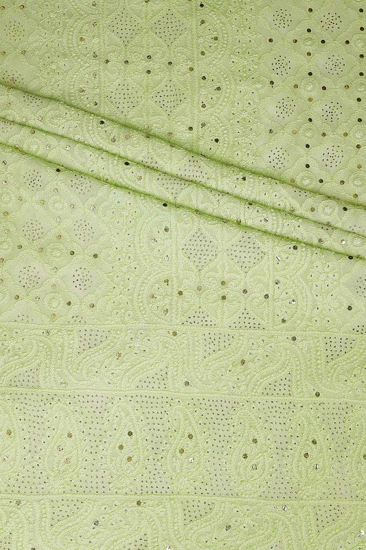 Ada Hand Embroidered Pastel Green Georgette Lucknowi Chikan Unstitched Kurta Dupatta With Muqaish Work-A610176
