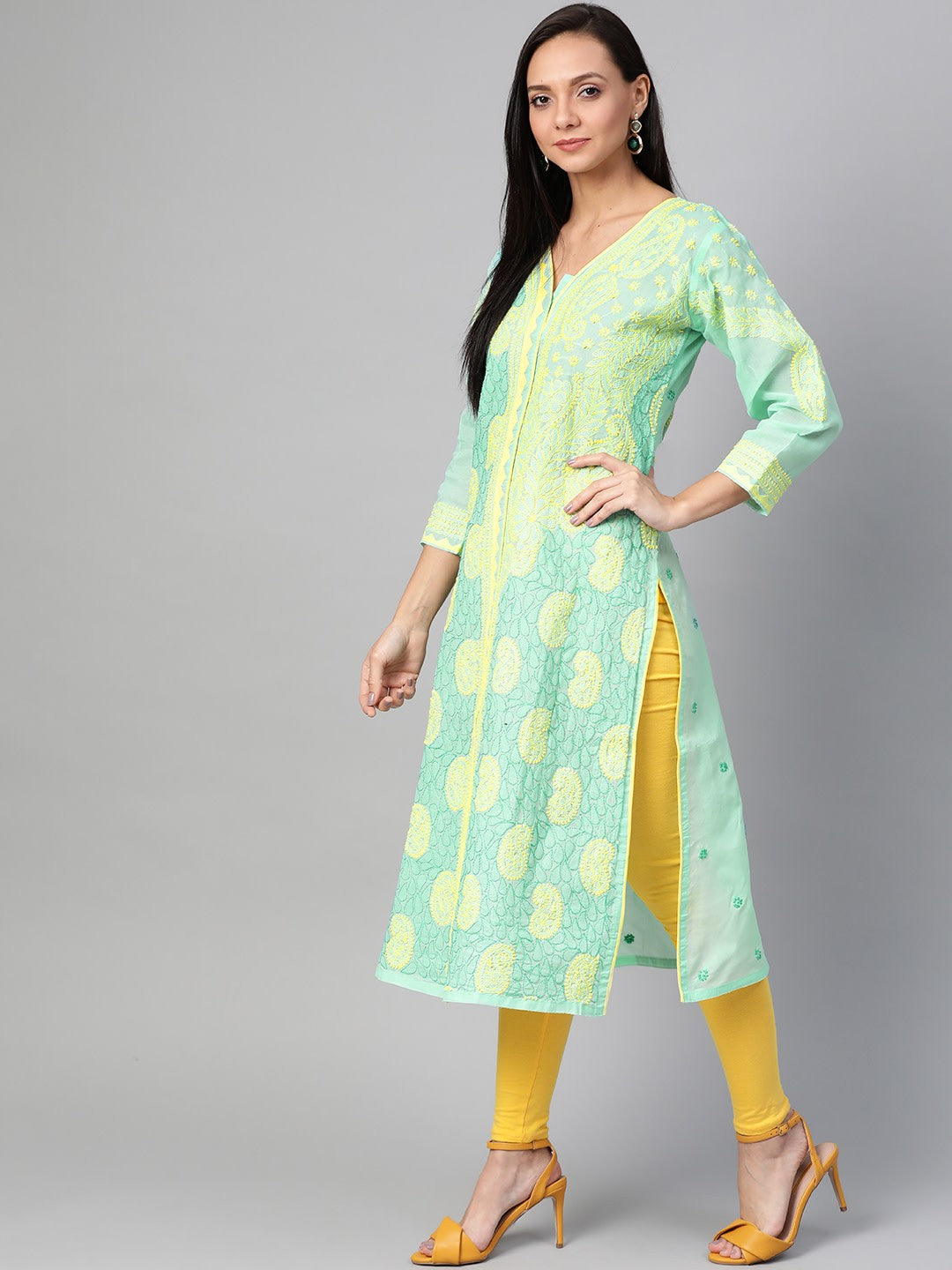 Ada Hand Embroidered Sea Green Cotton Lucknowi Chikankari Straight Kurta A100439