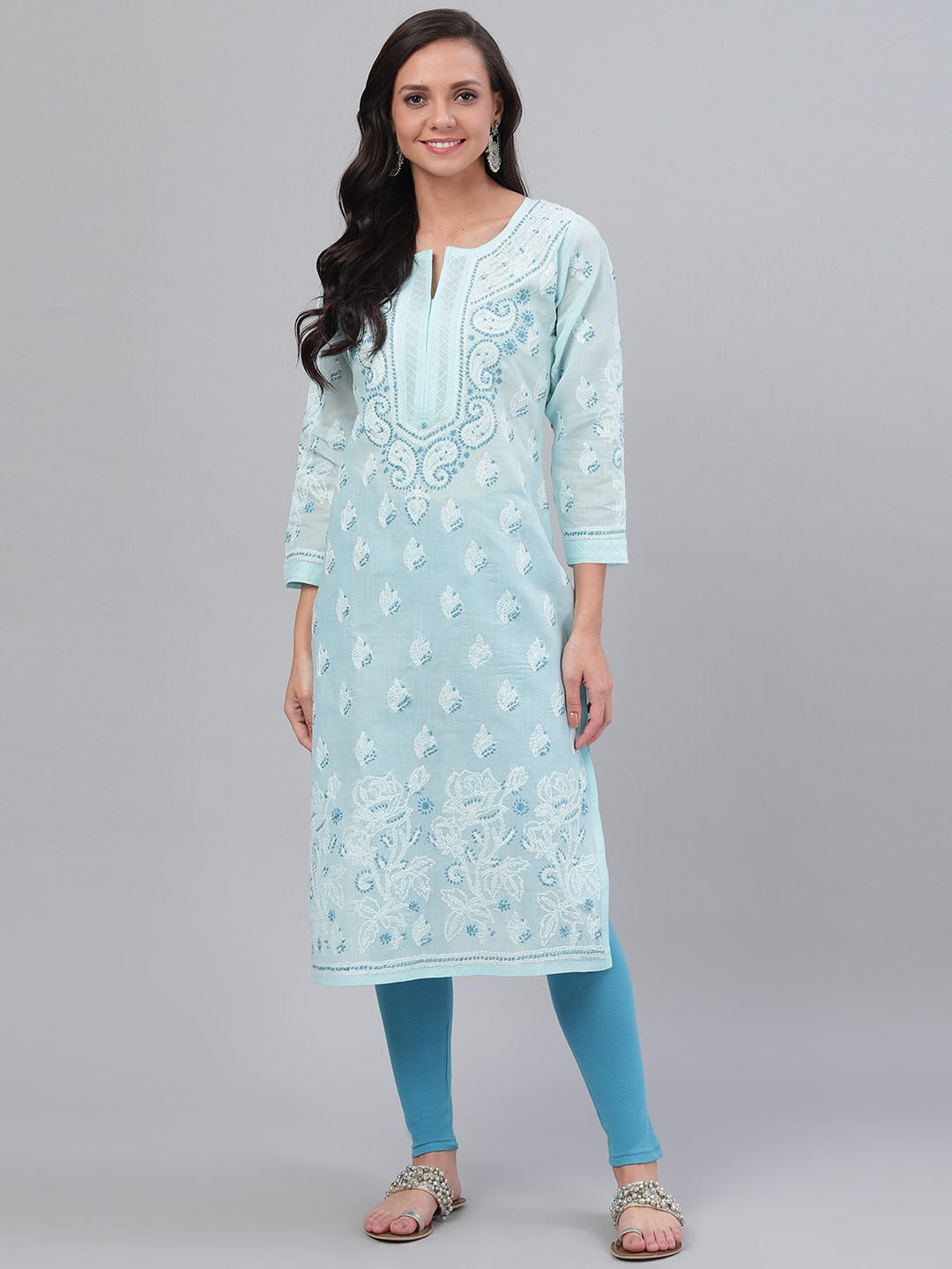 Ada Hand Embroidered Blue Cotton Lucknowi Chikankari Straight Kurta A227196