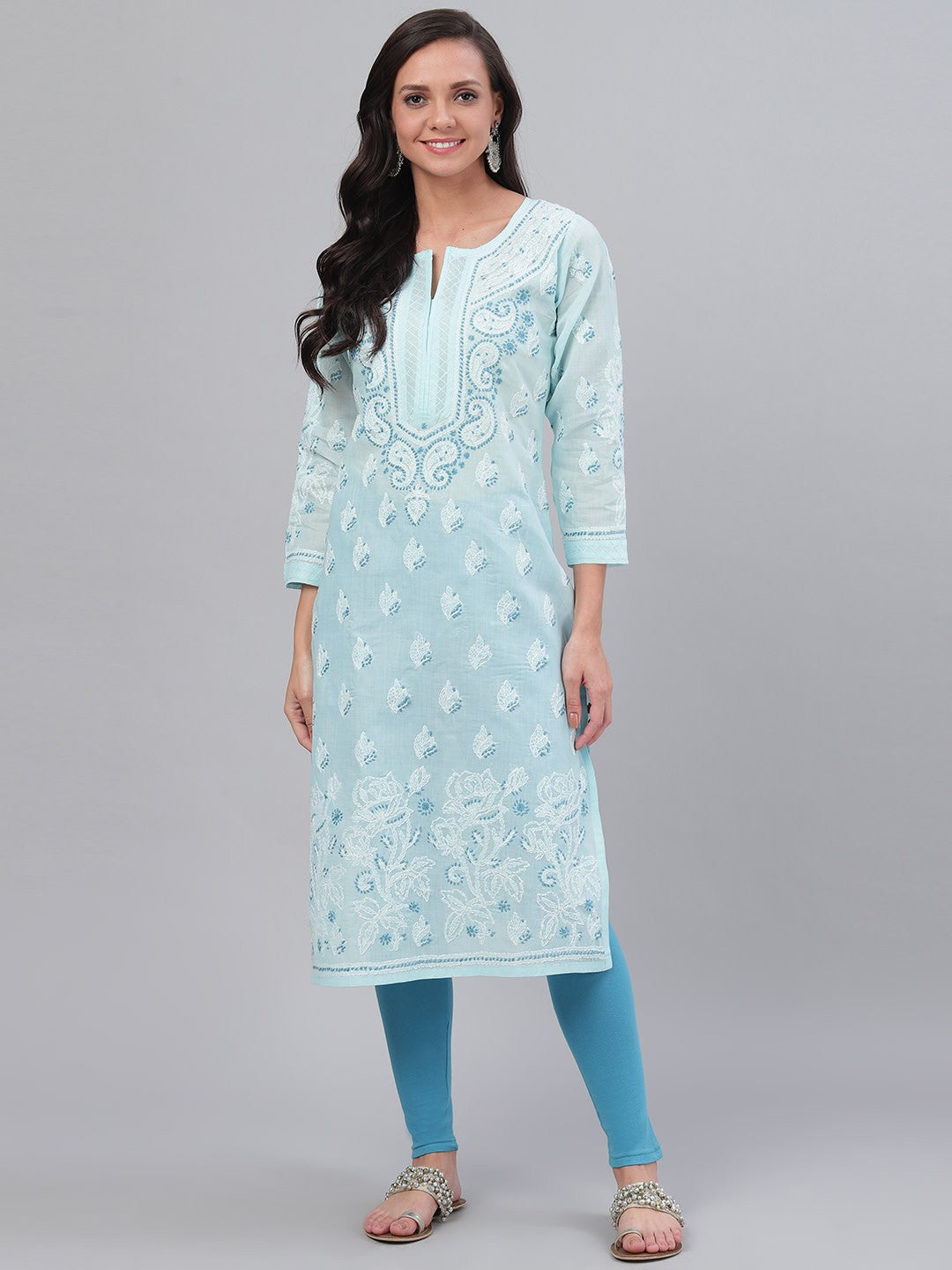 Ada Hand Embroidered Blue Cotton Lucknowi Chikankari Straight Kurta A227196