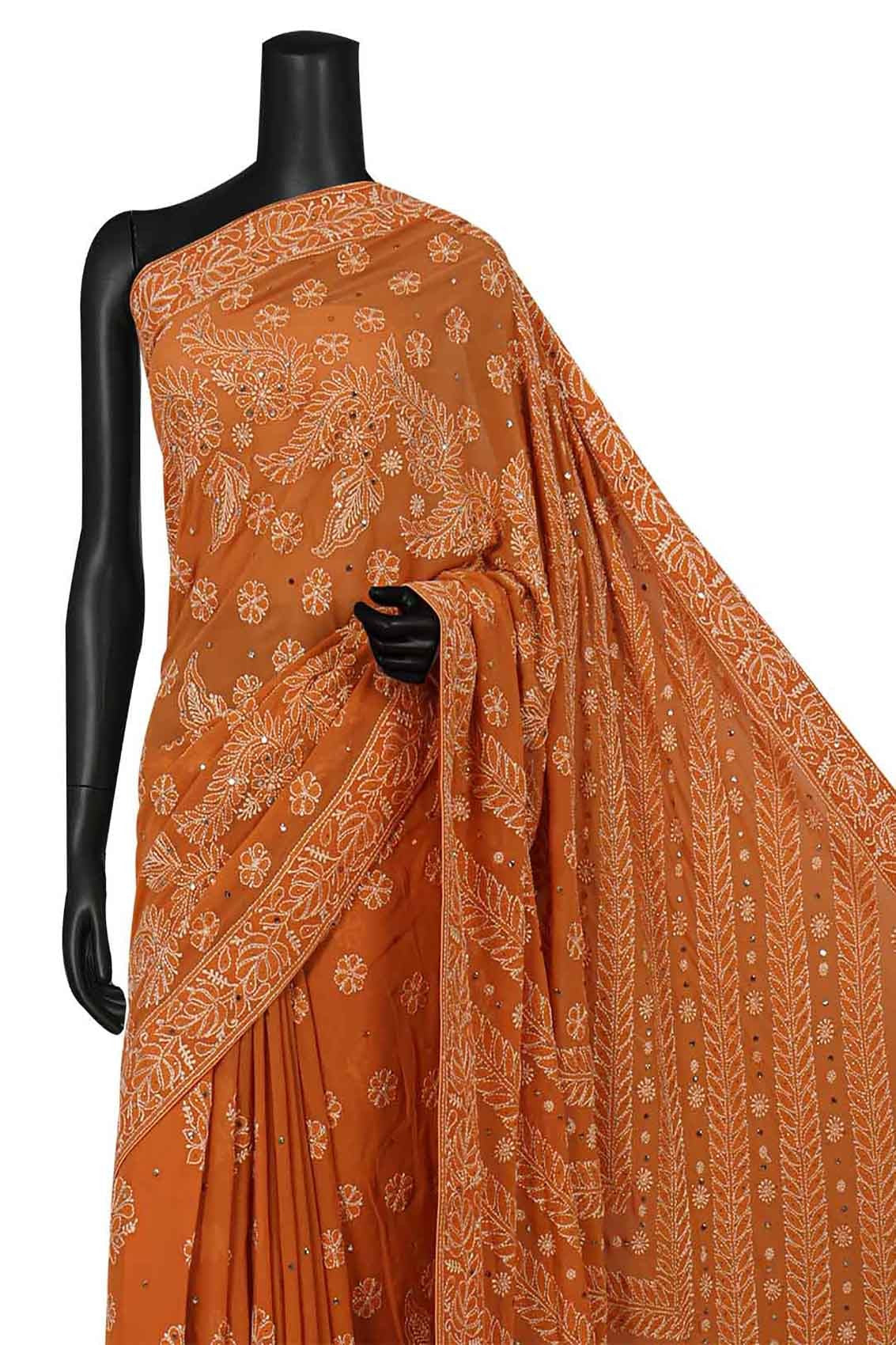 Ada Hand Embroidered Mustard Pure Georgette Lucknowi Chikankari Saree/Blouse With Muqaish Work 01A34780