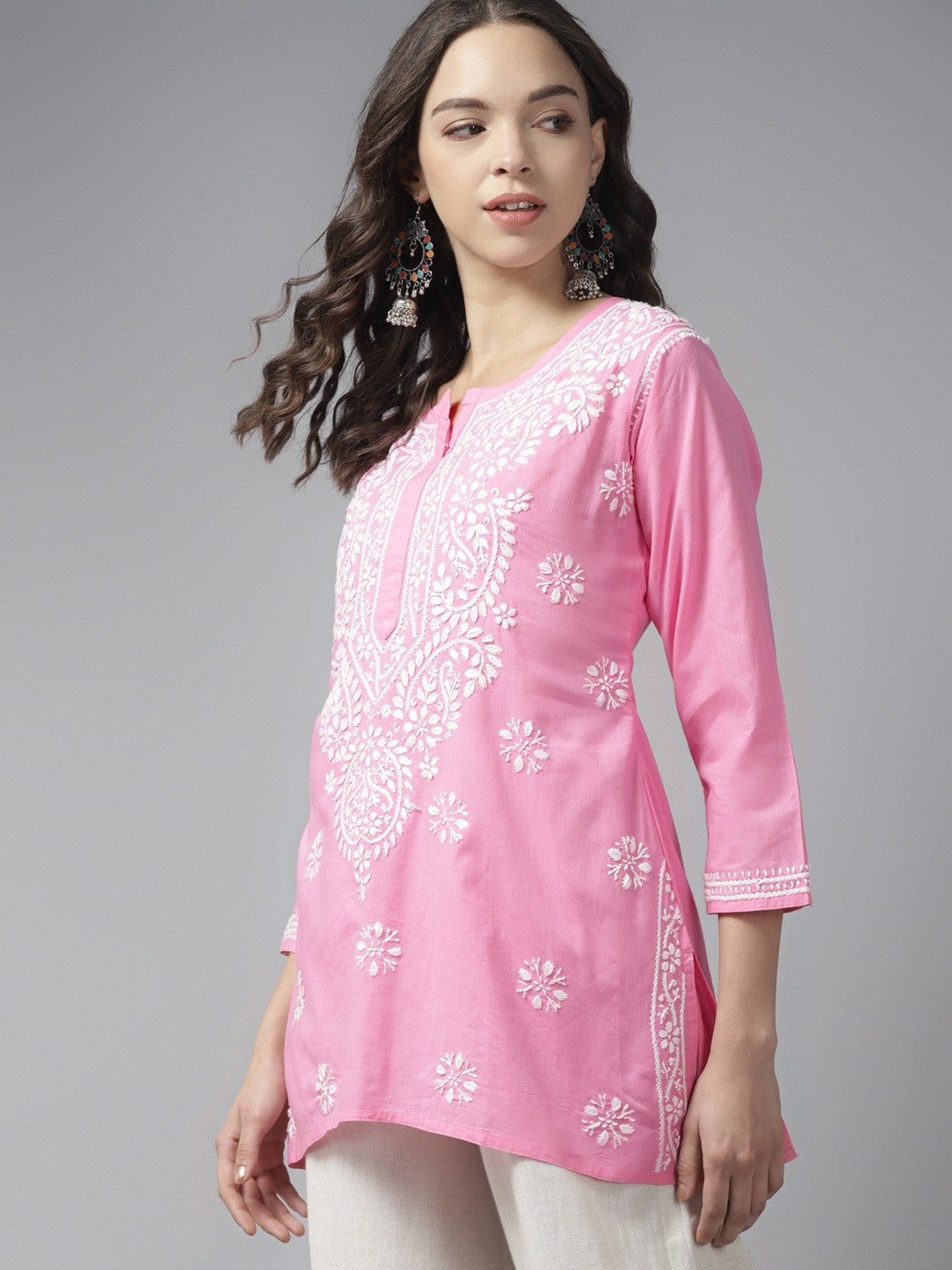 Ada Hand Embroidered Pink Cotton Lucknowi Chikankari Short Kurti A911187