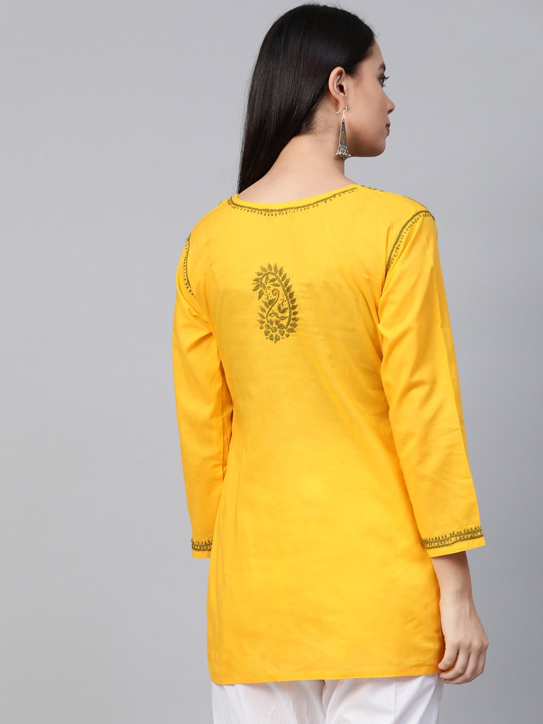Ada Hand Embroidered Yellow Pure Cambric Cotton Lucknowi Chikan Kurti A250458