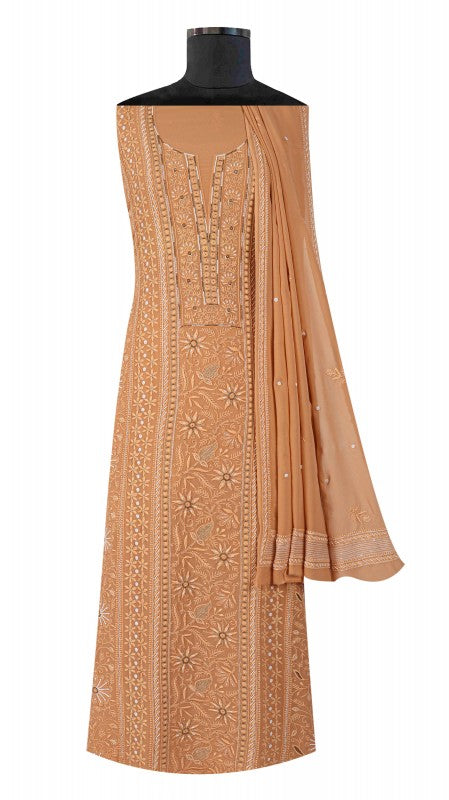 Ada Hand Embroidered Fawn Pure Georgette Lucknowi Chikan Unstitched Kurta Dupatta Set with Pearl Work A576803