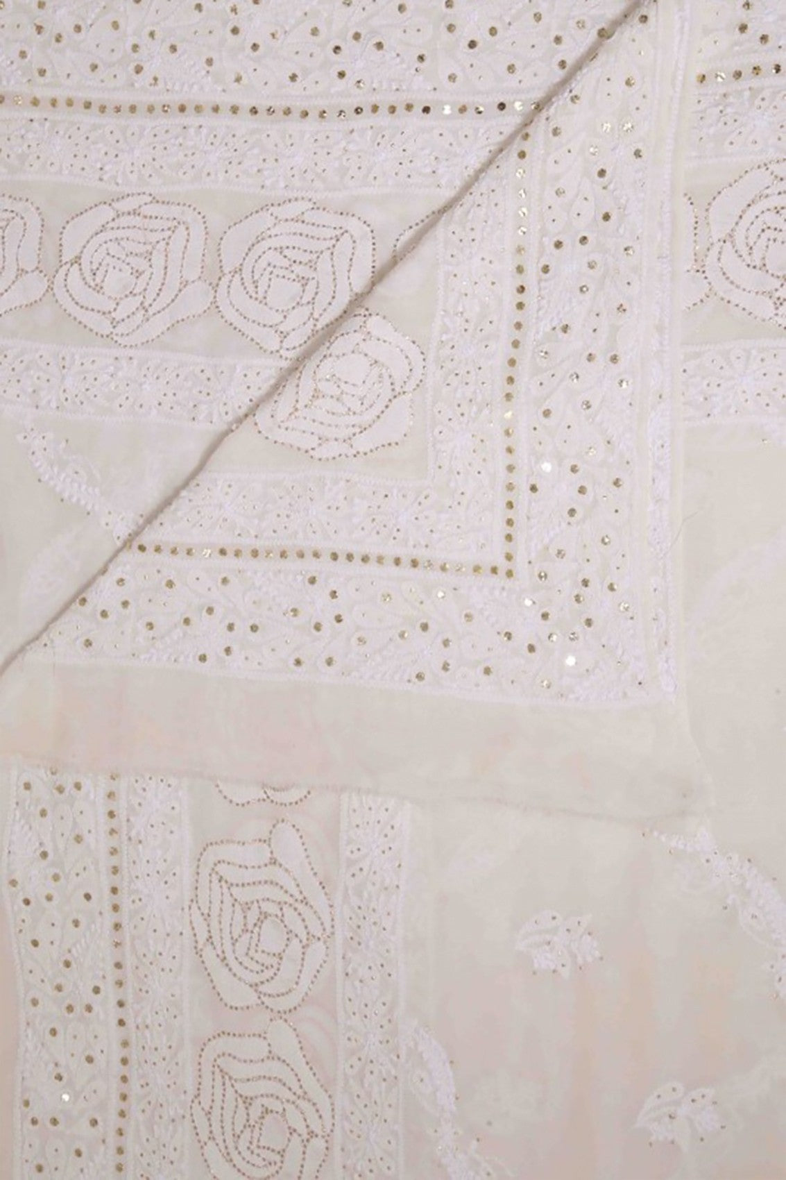 Ada Hand Embroidered White Pure Georgette Lucknowi Chikankari Dupatta With Muqaish Work 01A20542