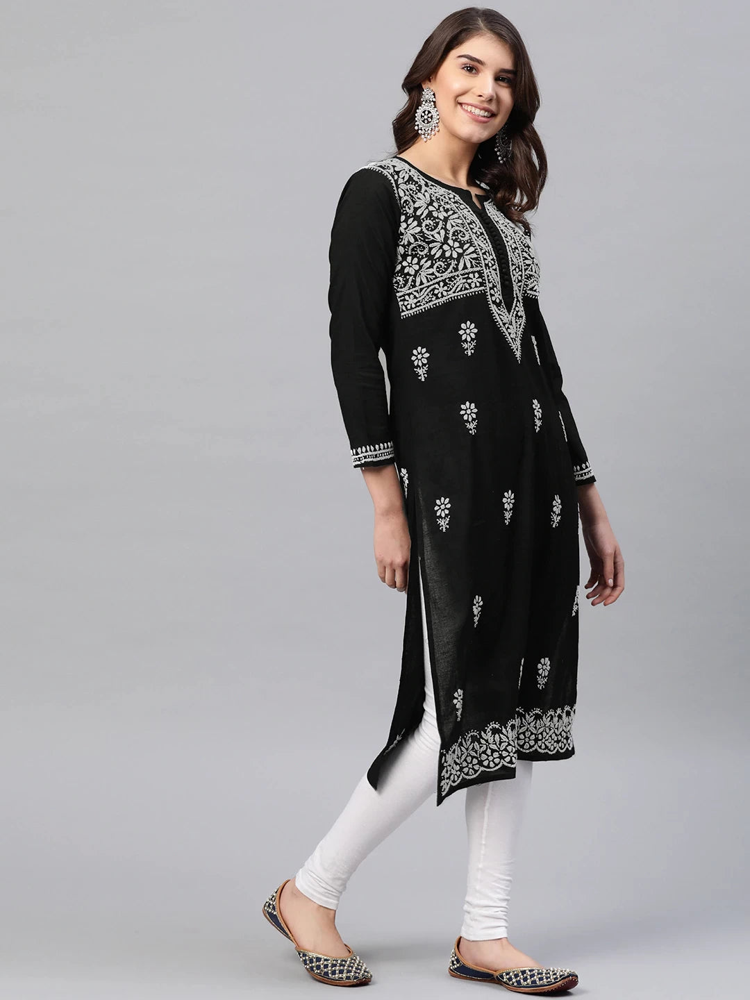 Ada Hand Embroidered Black Cotton Lucknowi Chikankari Straight Kurta A341075