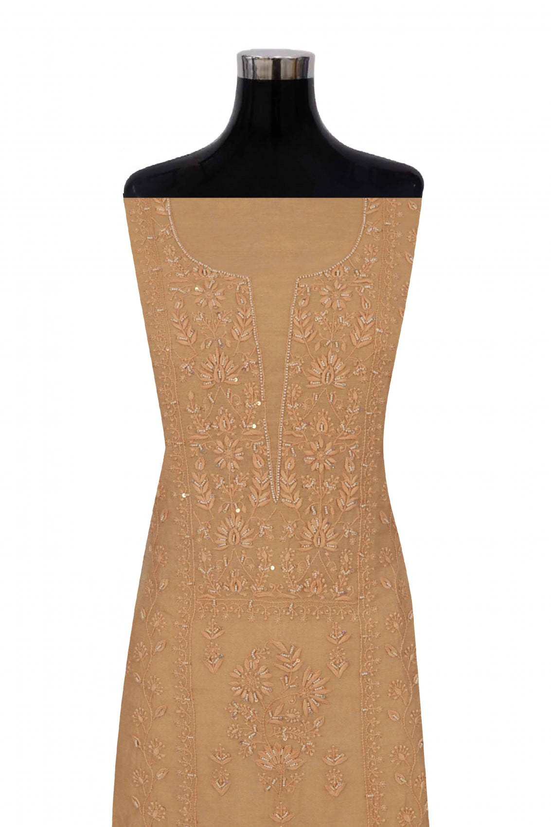 Ada Hand Embroidered Fawn Tissue Lucknowi Chikankari Unstitched Kurta Dupatta Set With Pearl Work 01A193513