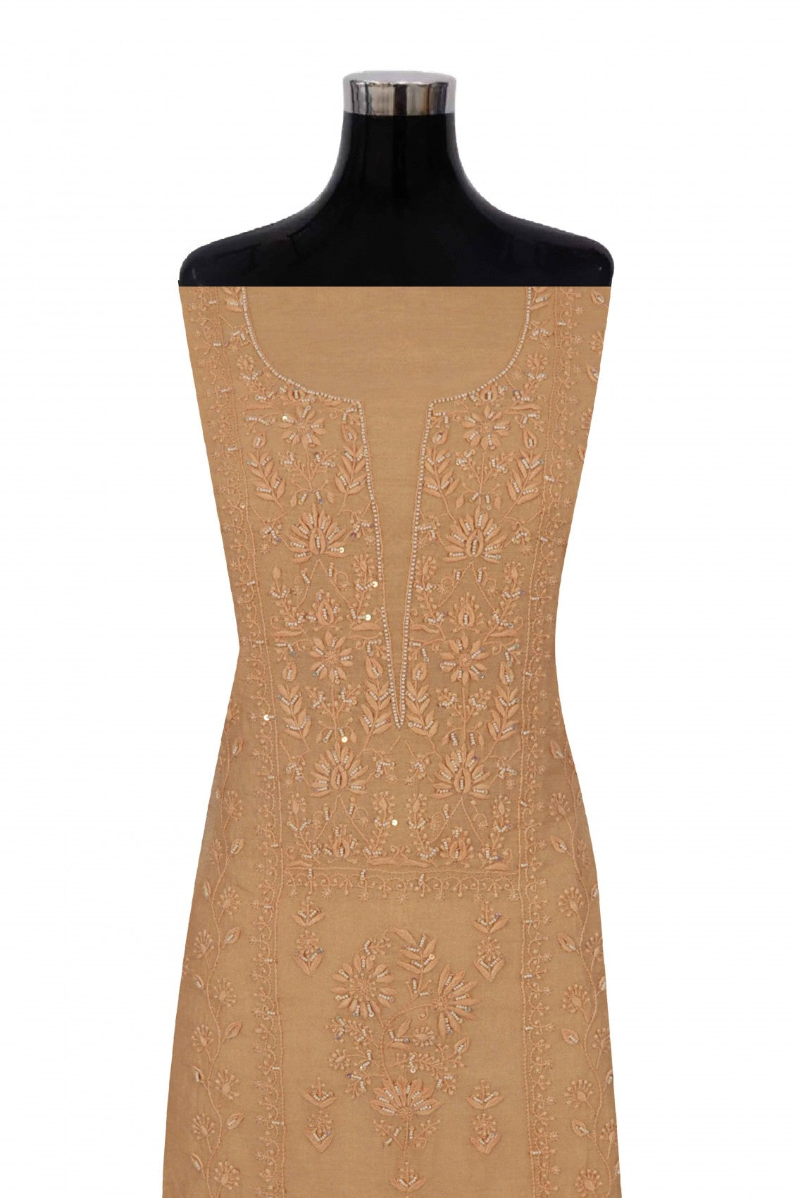 Ada Hand Embroidered Fawn Tissue Lucknowi Chikankari Unstitched Kurta Dupatta Set With Pearl Work 01A193513