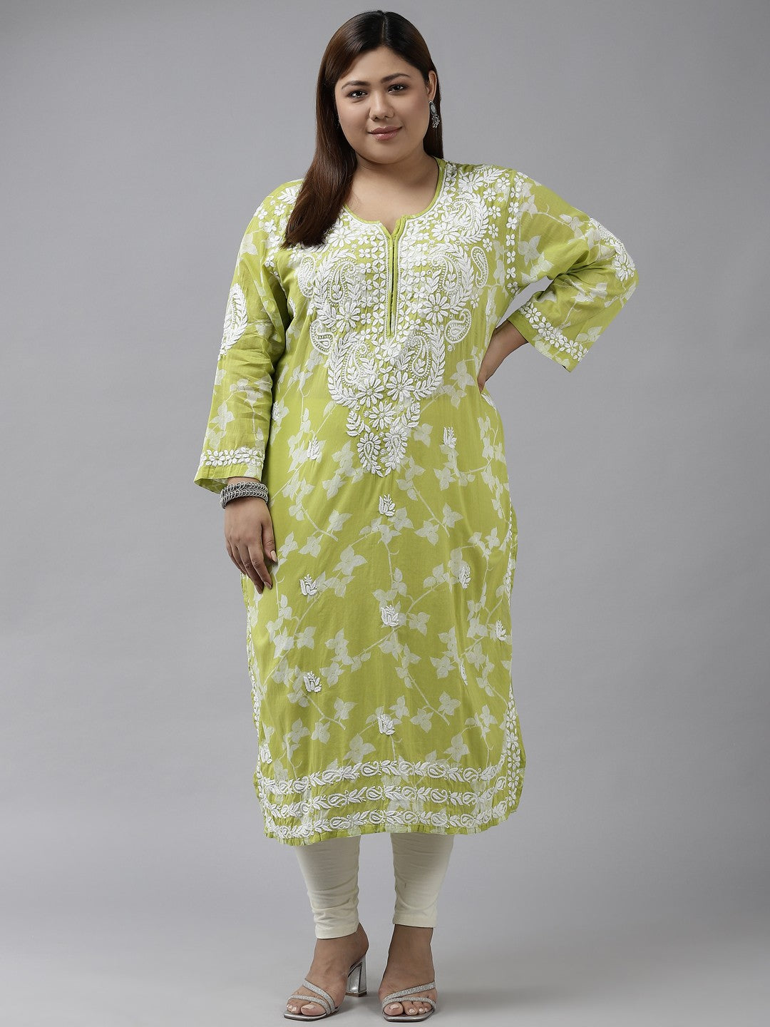 Ada Hand Embroidered Green Cotton Lucknow Chikan Kurta A411352
