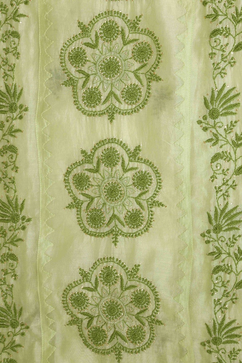 Ada Hand Embroidered Green Chanderi Lucknowi Chikan Semi-Stitched Kurta Piece With Muqaish Work-A588042