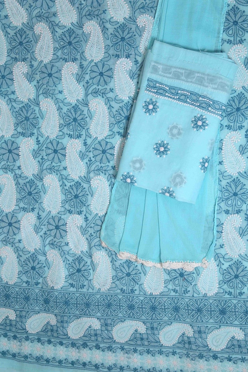 Ada Hand Embroidered Blue Cotton Lucknowi Chikan Unstitched Suit Piece-A603820