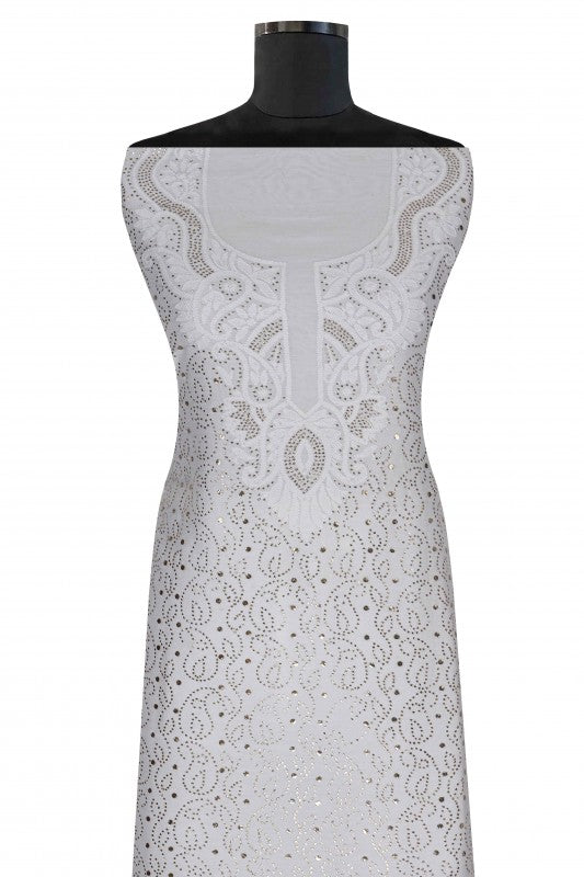Ada Hand Embroidered White Chanderi Lucknowi Chikankari Unstitched Kurta Piece With Muqaish Work A489984