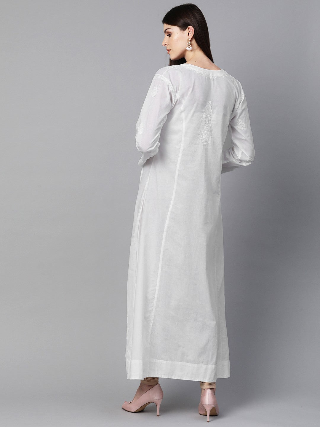 Ada Hand Embroidered White Cotton  Lucknowi Chikankari A-line Kurta A100418