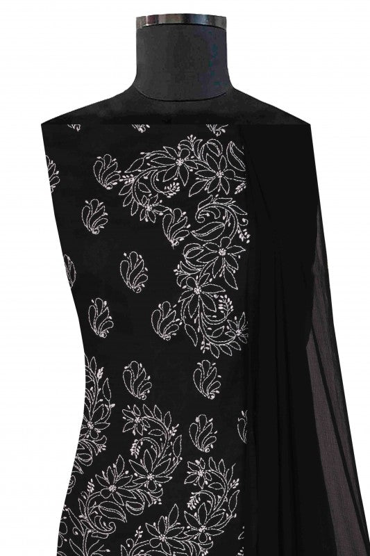 Ada Hand Embroidered Black Cotton Lucknowi Chikan Unstitched Suit Piece-A100262
