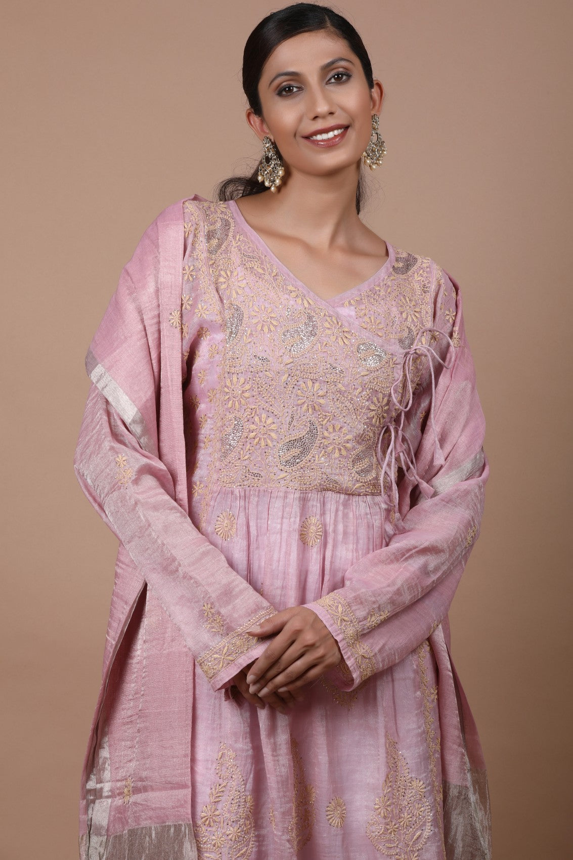 Ada Hand Embroidered Onion Pink Tissue Lucknowi Chikankari Semi-stitched Kurta Dupatta Set With Muqaish Work 01A238369