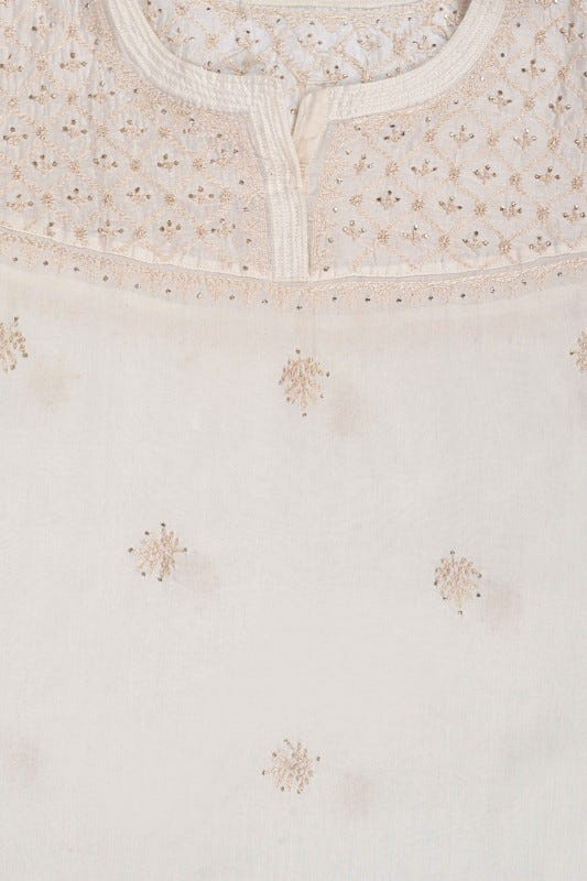 Ada Hand Embroidered Cream Chanderi Lucknowi Chikankari Semi-Stitched Anarkali Kurta Dupatta Set With Muqaish Work A623444