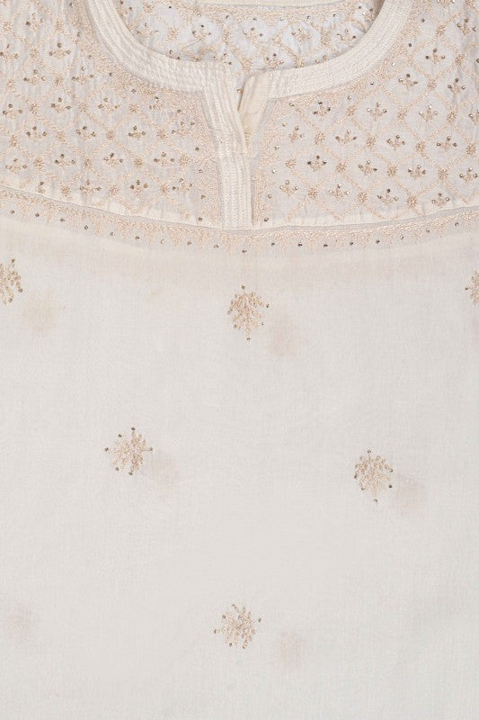 Ada Hand Embroidered Cream Chanderi Lucknowi Chikankari Semi-Stitched Anarkali Kurta Dupatta Set With Muqaish Work A623444