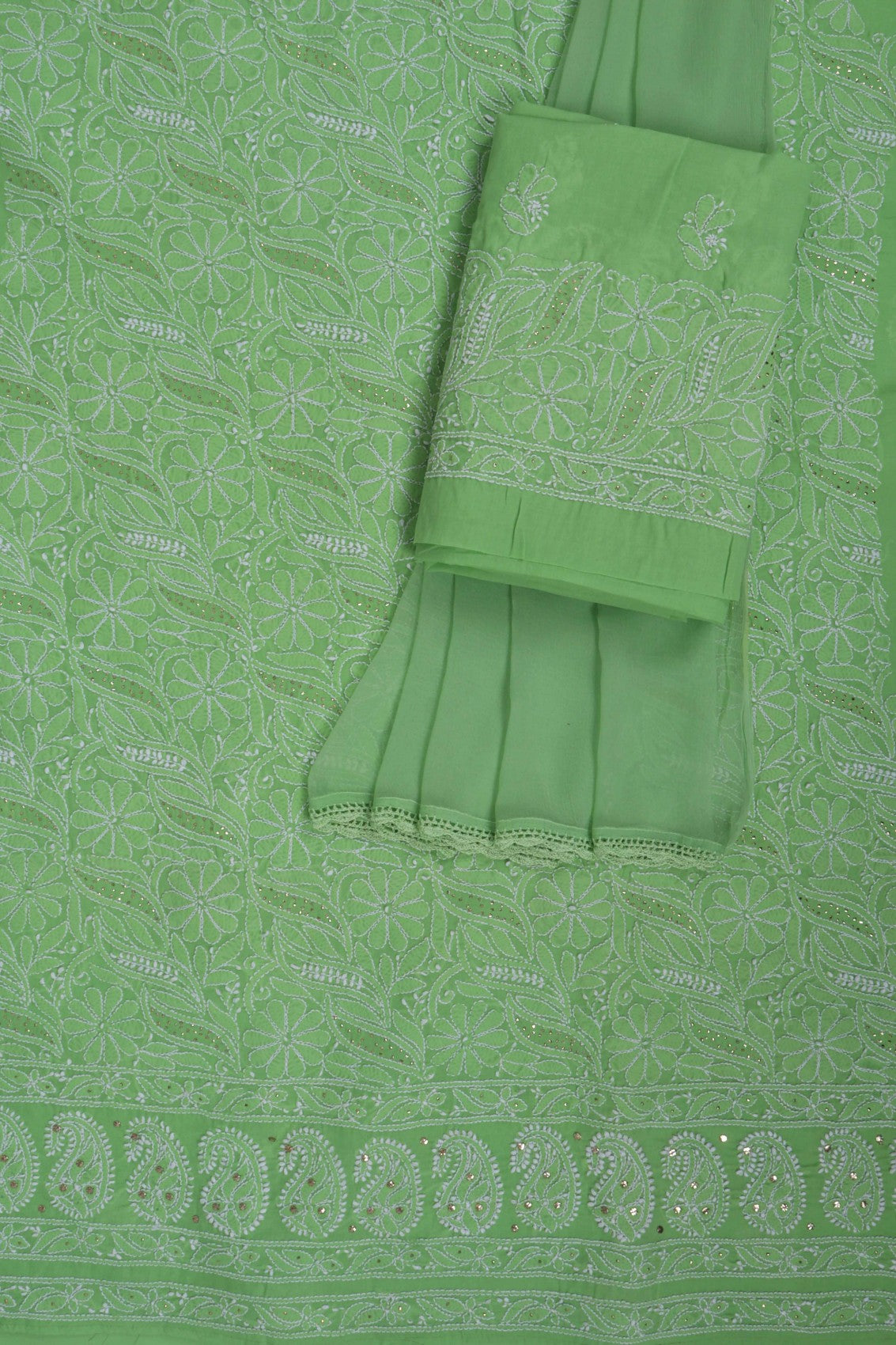 Ada Hand Embroidered Green Cotton Lucknowi Chikankari Unstitched Suit Piece With Muqaish Work 01A91019