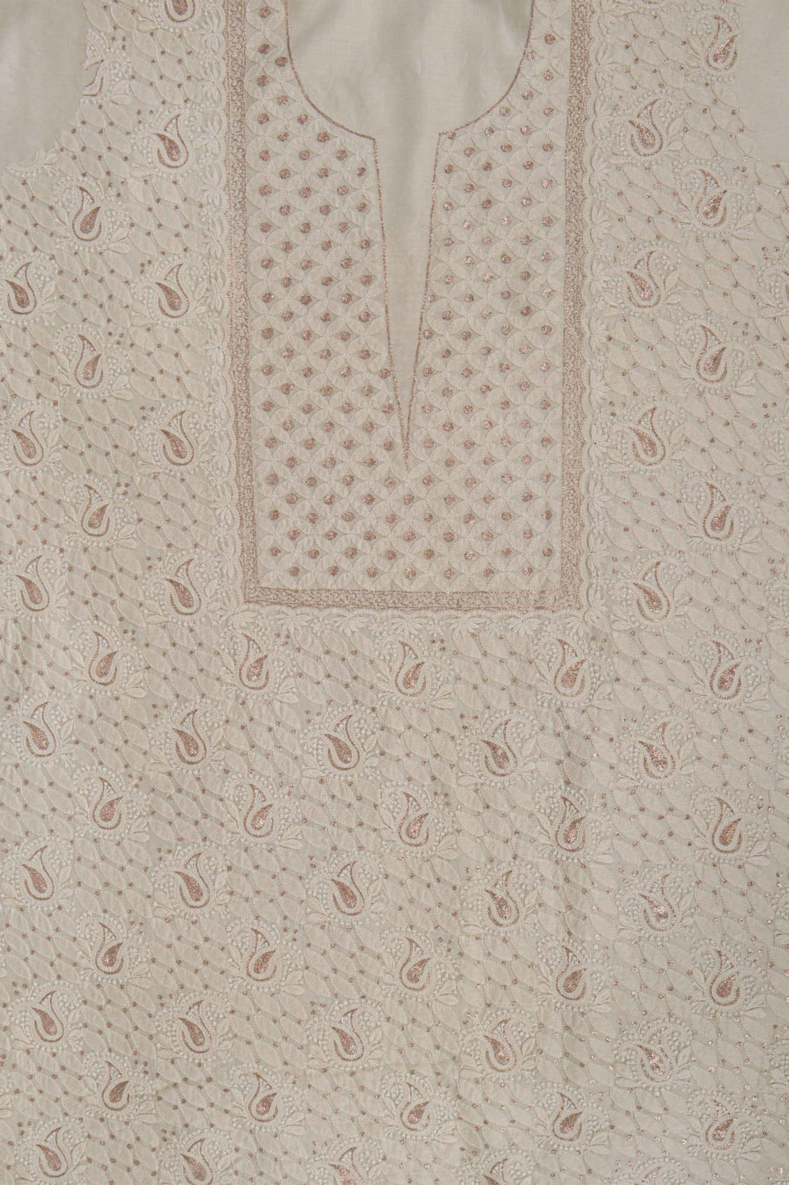 Ada Hand Embroidered Cream Chanderi Lucknowi Chikankari Unstitched Kurta Dupatta Set With Zari Work 01A105826