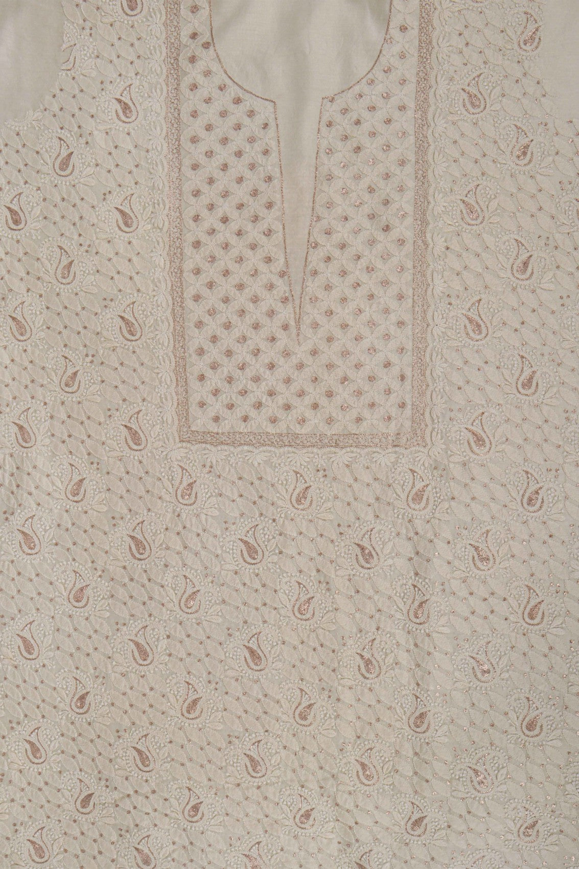 Ada Hand Embroidered Cream Chanderi Lucknowi Chikankari Unstitched Kurta Dupatta Set With Zari Work 01A105826
