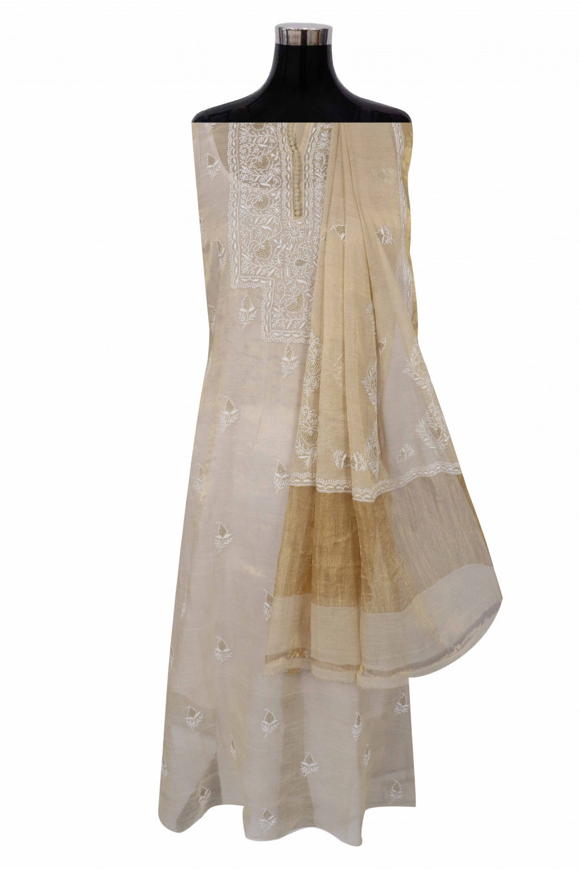 Ada Hand Embroidered Natural Fawn Tissue Lucknowi Chikankari Semi stitched Anarkali Kurta Dupatta Set With Zari Work 01A224436