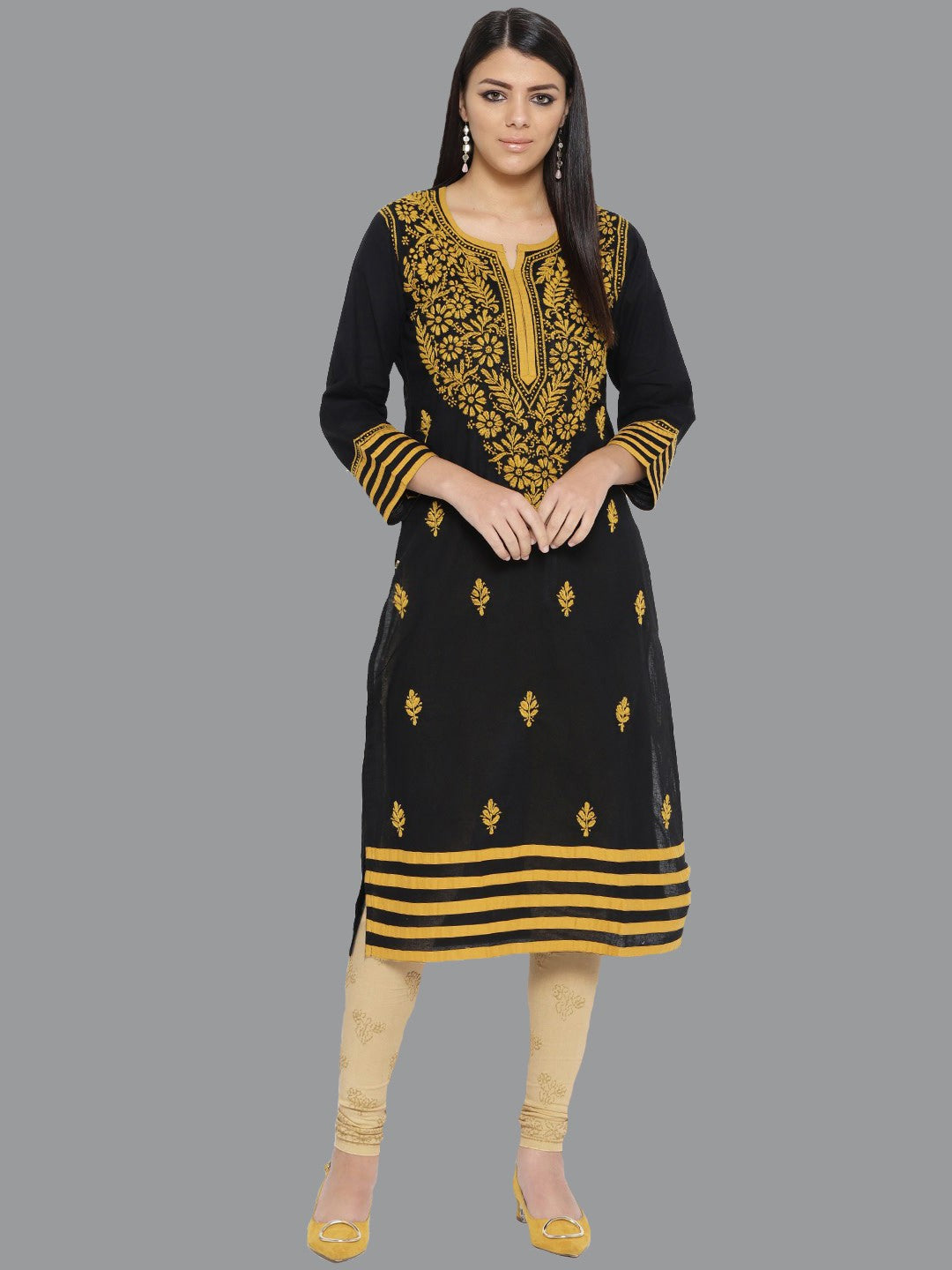 Ada Hand Embroidered Black Cotton Lucknowi Chikankari Kurta with Churidar Set A100014