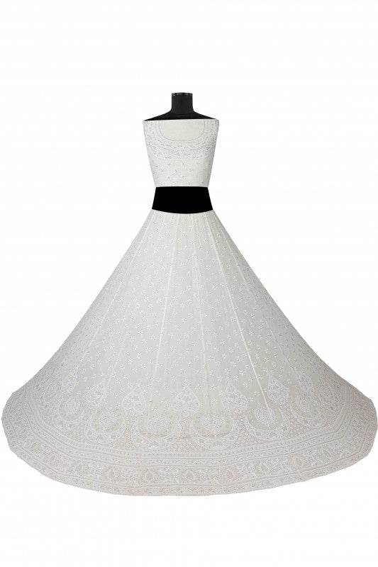 Ada Hand Embroidered White Pure Georgette Lucknowi Chikankari Lehenga Set With Zari Work A624444