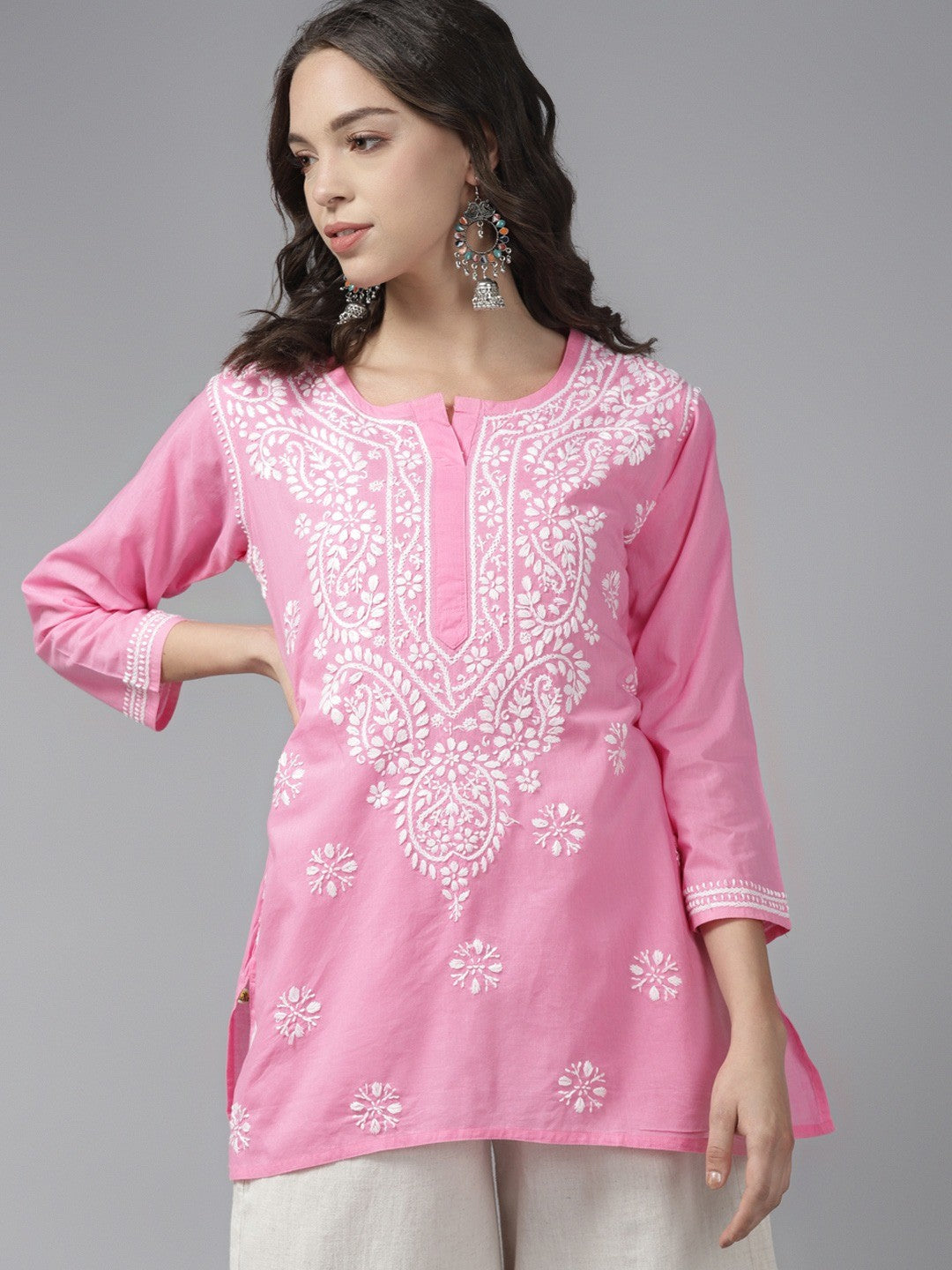Ada Hand Embroidered Pink Cotton Lucknowi Chikankari Short Kurti A911187