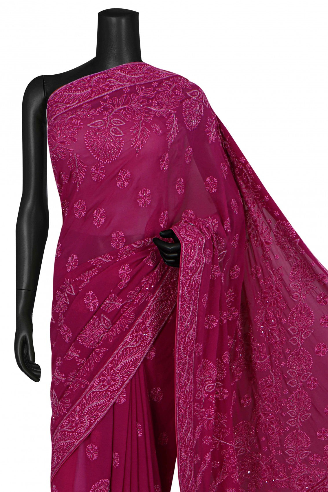 Ada Hand Embroidered Magenta Pure Georgette Lucknowi Chikankari Saree/Blouse Cutdana Work 01A246622