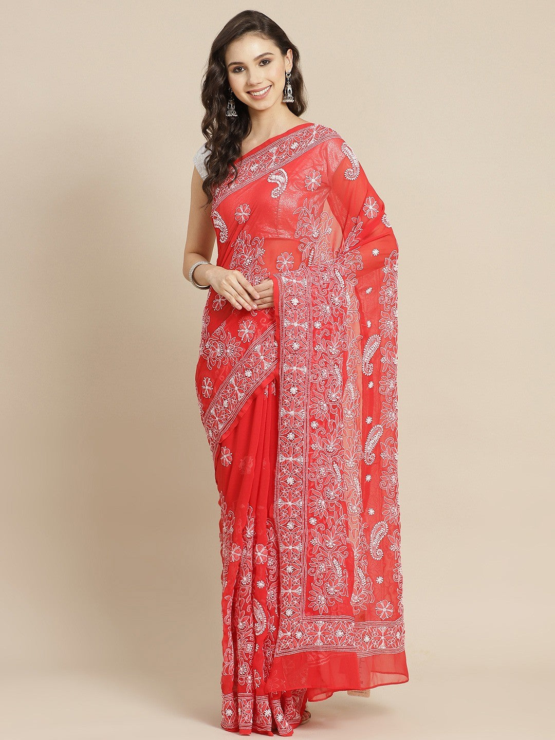 Ada Hand Embroidered Red Georgette Lucknowi Chikankari Saree with Blouse A311326