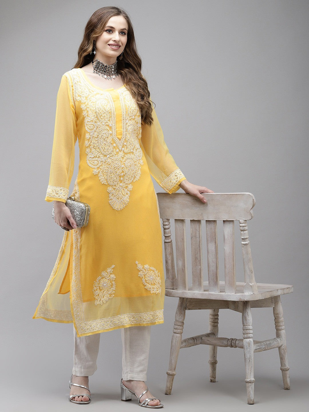 Ada Hand Embroidered Yellow Georgette Lucknow Chikan Kurta with Slip A411359